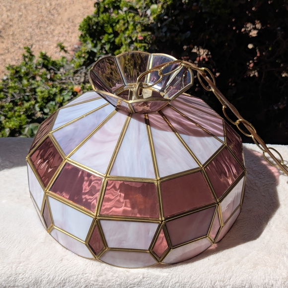 Vintage Tiffany Style MCM Purple and Pink Stained Glass Hanging Pendant Light
